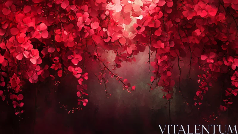 Crimson cascading blossoms with atmospheric depth and bokeh glow