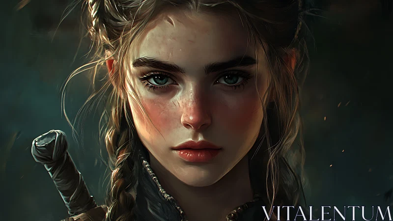 Digital portrait shows armed young woman with braided hair