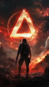 Lone astronaut observes burning triangular portal in sky