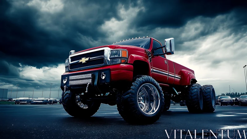 Lifted red monster truck under brooding stormy sky.