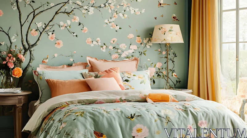 Serene floral bedroom blends soft pastels with sunlight warmth