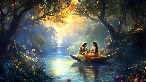 Couple in Gondola Through Enchanted Forest Waterway.