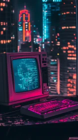 Retro CRT terminal maps neon cyberpunk skyline with magenta key lighting