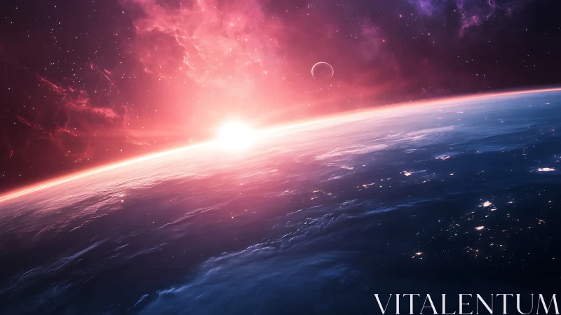 Stellar sunrise ignites a tranquil blue planet&rsquo;s horizon.