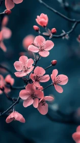 Pink Cherry Blossoms Against Deep Teal Background.
