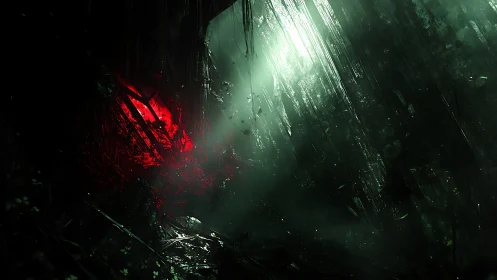 Red crystal shard burns inside cavernous green abyss