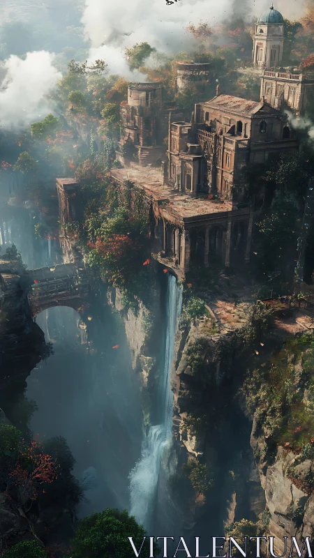 Clifftop stone citadel overlooks vast misty waterfall gorge.