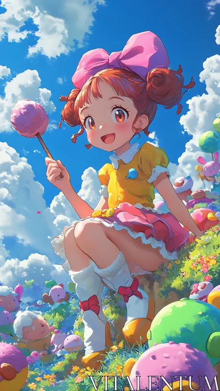 Cotton candy meadow girl under cumulonimbus skies, anime render.