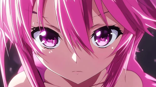 Intense close-up of pink haired anime girl in neon light.