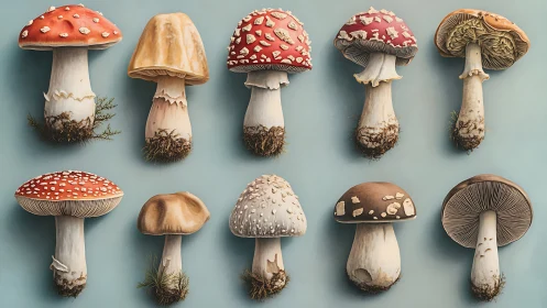 Comparative fungal morphology grid with detailed cap textures.