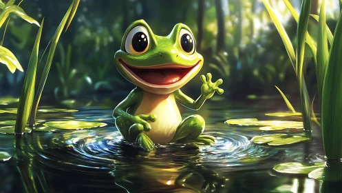Cheerful cartoon frog waving in sunlit forest pond environment