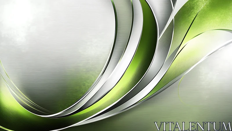 Modern green and silver abstract waves on brushed metal background.