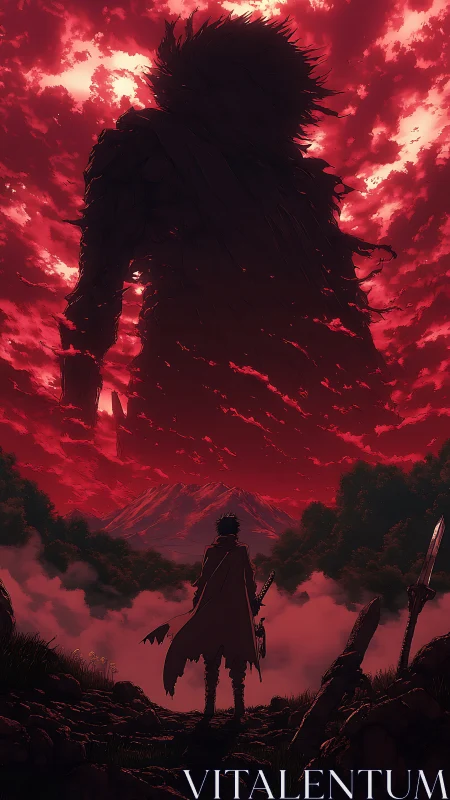 Solitary swordsman facing colossal humanoid form in clouds.