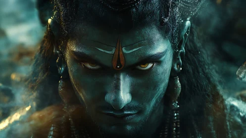 Mythic blue-skinned figure with glowing eyes in close focus.