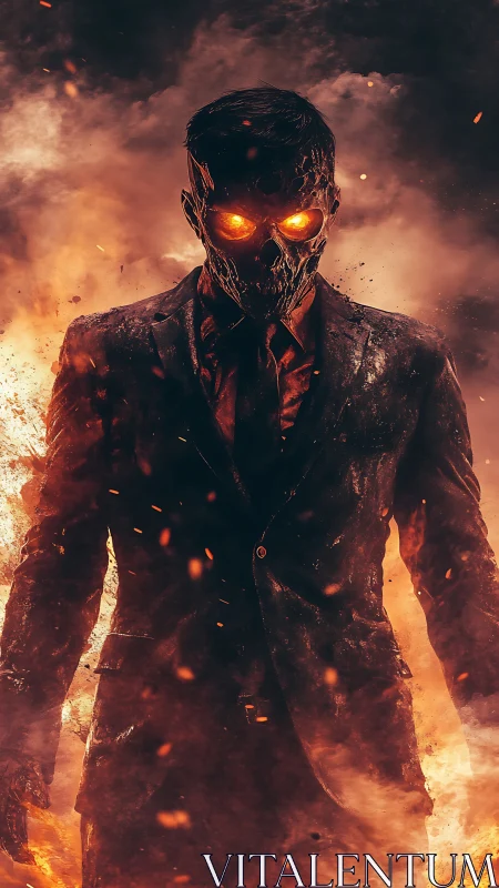 Flaming skull-headed figure in suit amid dense fiery smoke.