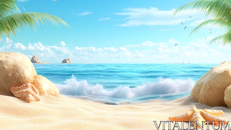 Sunny tropical shoreline with shells, rocks and calm surf.