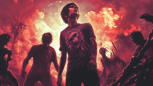 Postapocalyptic survivor surrounded by burning silhouettes.