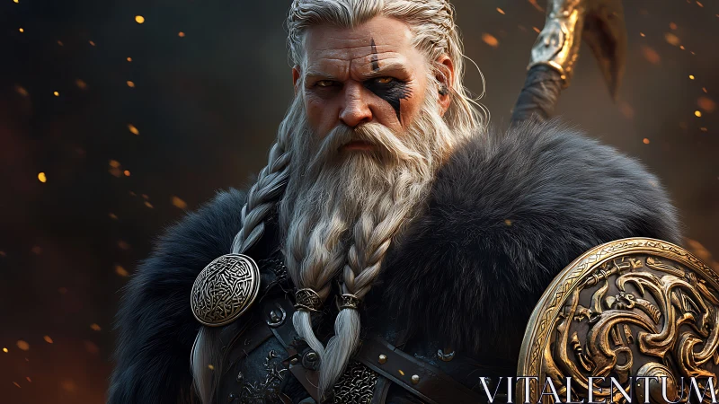 Viking warlord portrait with ornate shield and fur mantle.