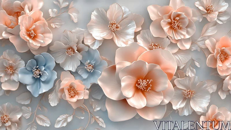 Three-dimensional floral composition with stratified petals and metallic centers.