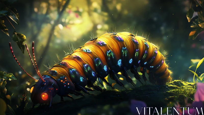 Bioluminescent forest caterpillar glows in enchanted twilight.