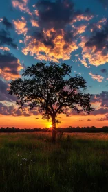 Solitary tree silhouette against vivid sunset cloudscape.