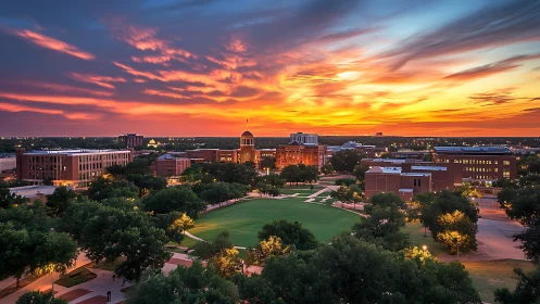 Sunset-illuminated academic campus under stratified cirrus sky.