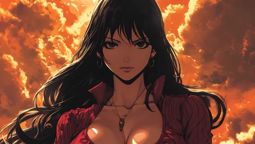 Anime portrait against dramatic backlit sunset cloudscape.