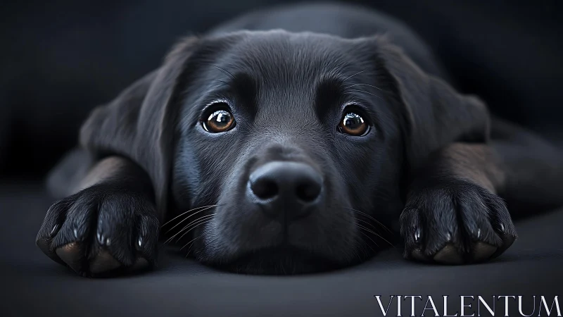 Soft-eyed black puppy dreaming in inky velvet shadows.