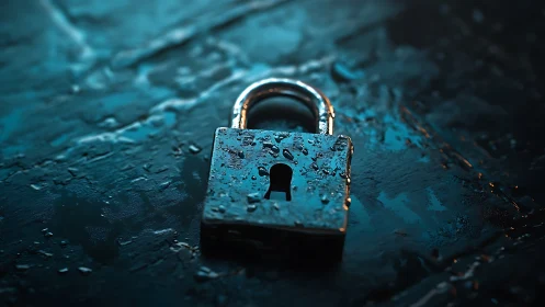Metal padlock glows under teal light on wet textured surface.
