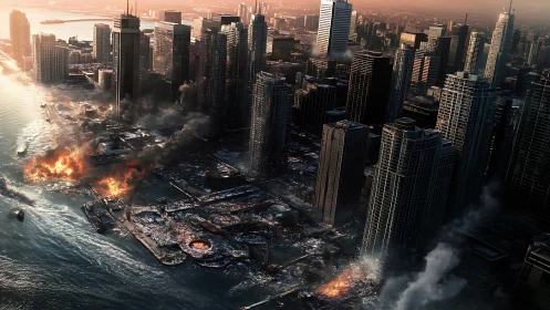 Sunset over a shattered waterfront city in smoldering ruin.