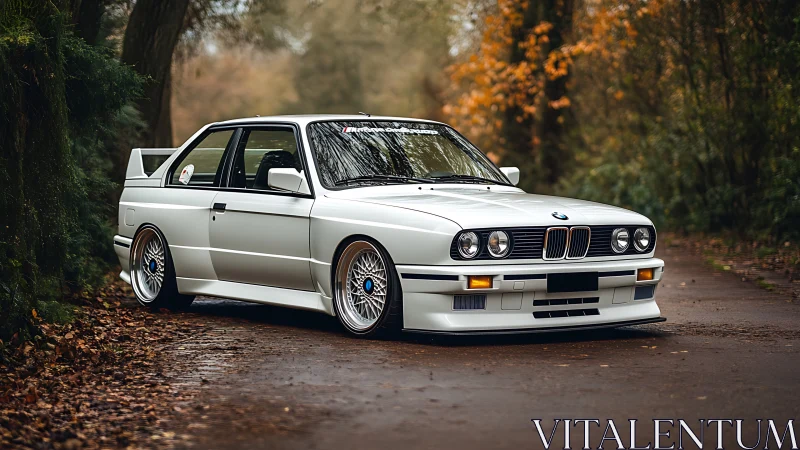 Classic white BMW sports coupe rests on a forest lane.