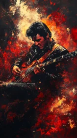 Rock guitarist in fiery abstract red and orange background.