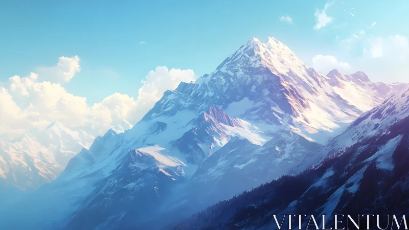 Sunlit snow titan crowned in pastel blue morning skies.