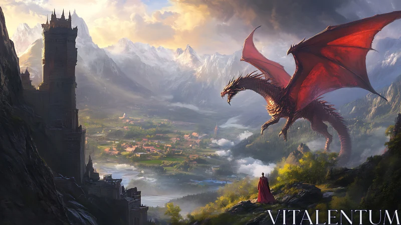 Scarlet dragon soaring above a sunlit mountain kingdom.
