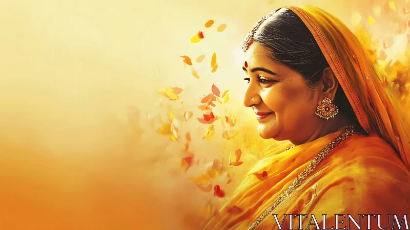 Elegant Indian Woman in Traditional Attire with Autumn Leaves, Digital Art.