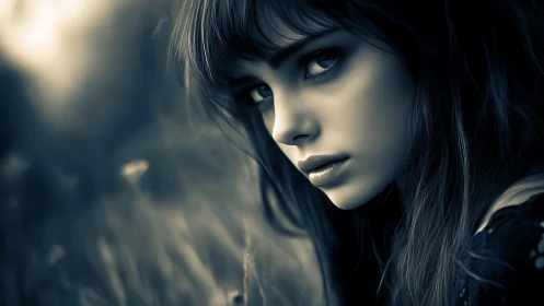 Brooding young woman in moody blue-toned portrait photography.