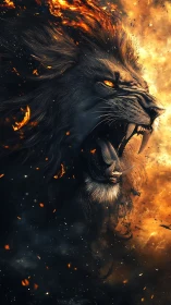 Roaring infernal lion head in dynamic flame and ember field