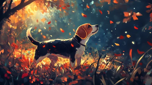 Beagle standing in autumn forest under falling leaves.