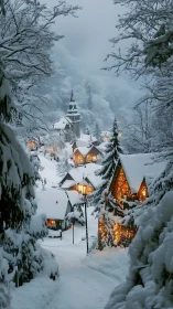 Snowbound alpine village glows under soft atmospheric dusk light