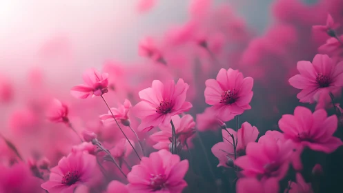 Pink Cosmos Flowers in Soft Focus Field.