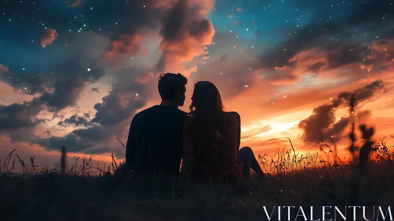Couple Gazing at Starlit Sunset Over Wild Meadow