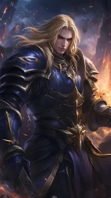 Stoic blonde knight stands firm in a storm of embers.