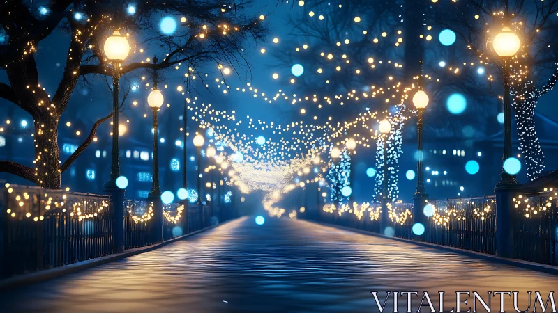 Winter bridge illuminated by dreamy blue bokeh lights.