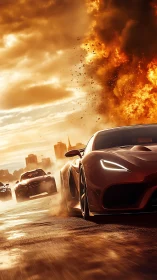 Supercars outrun firestorm across sunlit city highway.