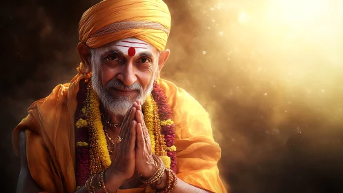 Elderly Hindu guru in saffron robes bathed in divine light.