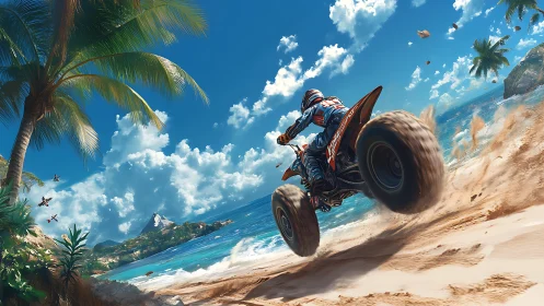 Dynamic ATV beach drift under tropical atmospheric scattering.