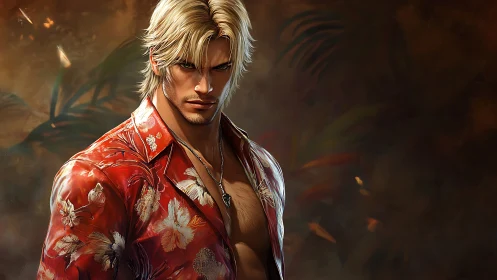 Sunlit rebel in a red tropical shirt stands in warm shadow.