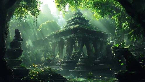 Sunlit jungle temple wrapped in mossy, mystical calm.