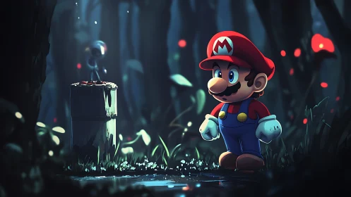 Mario character in dim forest environment with pipe structure.