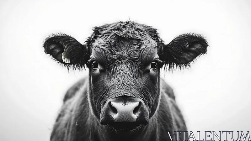 Gentle black cow gazes calmly into a soft white morning